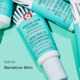 Multiple Brighten + Glow Eye Cream with Niacinamide shown. It is safe for sensitive skin.