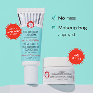 New and improved Brighten + Glow Eye Cream with Niacinamide versus the original container. No mess and makeup bag approved. 